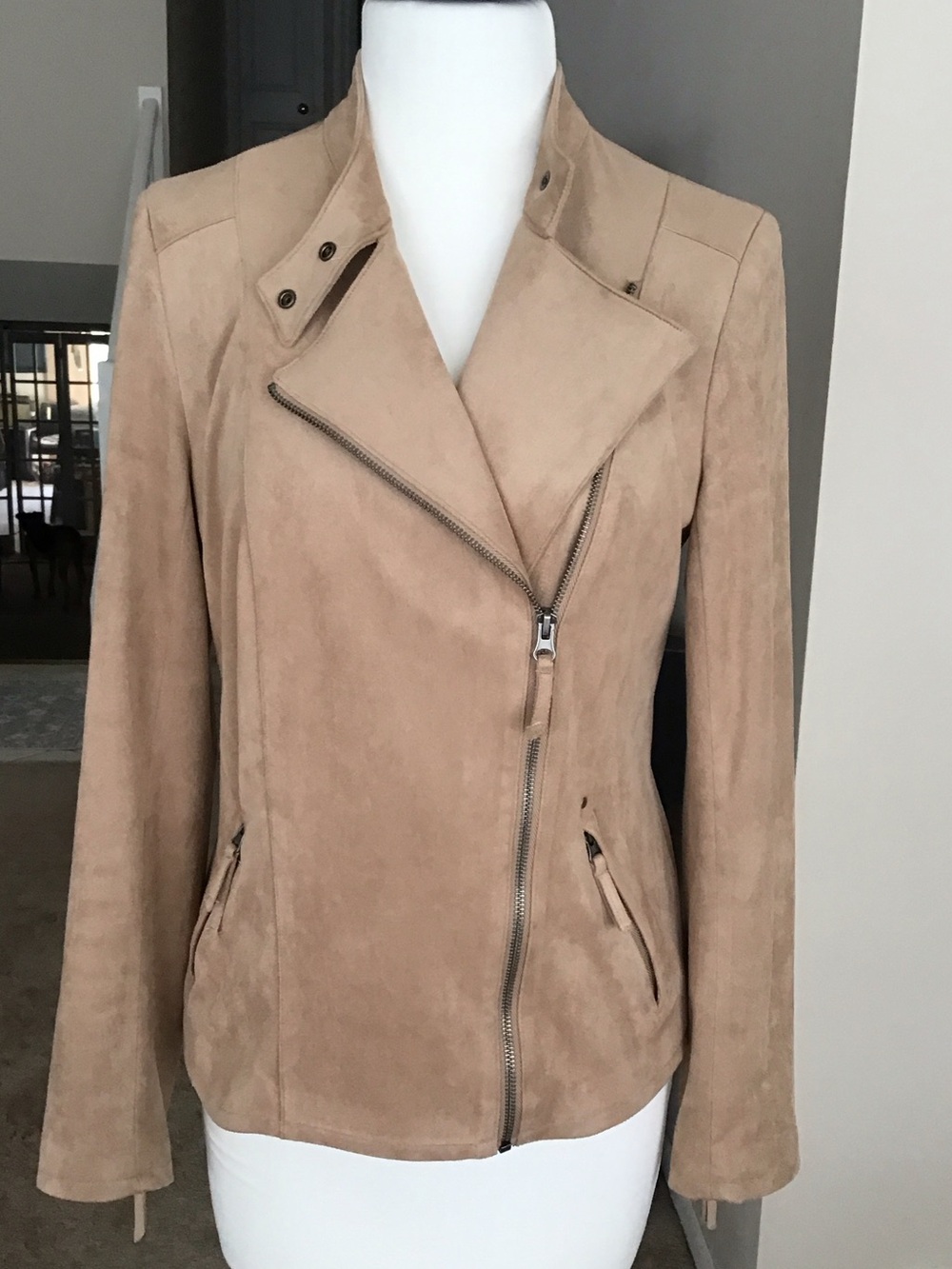 Adrienne Vittadini Beige Faux Suede Asymmetric Moto Jacket